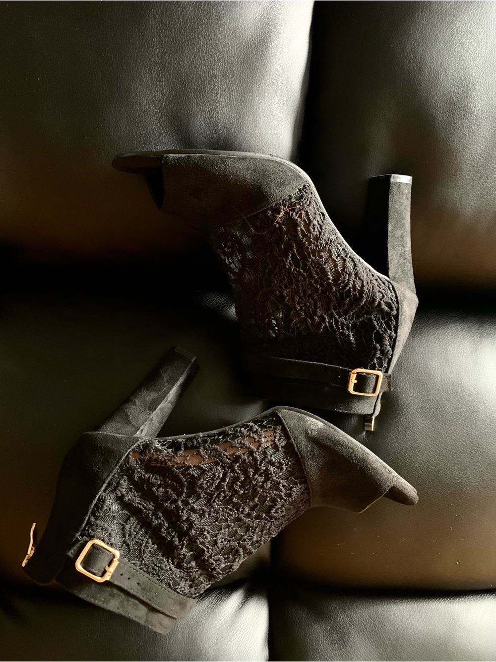 Black Lace and Suede Ankle Booties with Gold Buckle